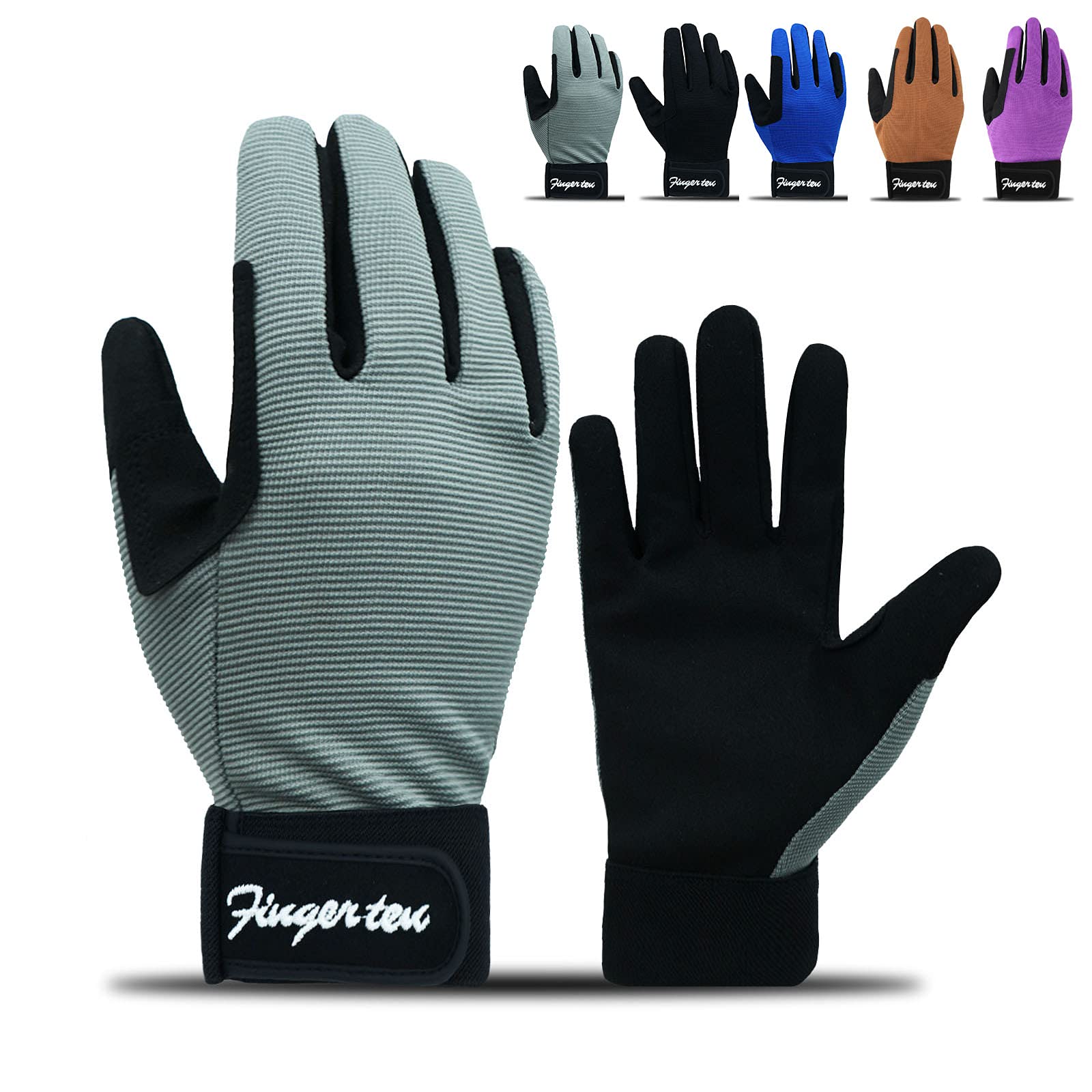 FINGER TEN Kids Horse Riding Gloves Youth Non Slip Grip, Boys girls Equestrain Breathable Stretchable Sweat Absorbent fit All Seasons for Cycling Sport School Bike (Grey, M)