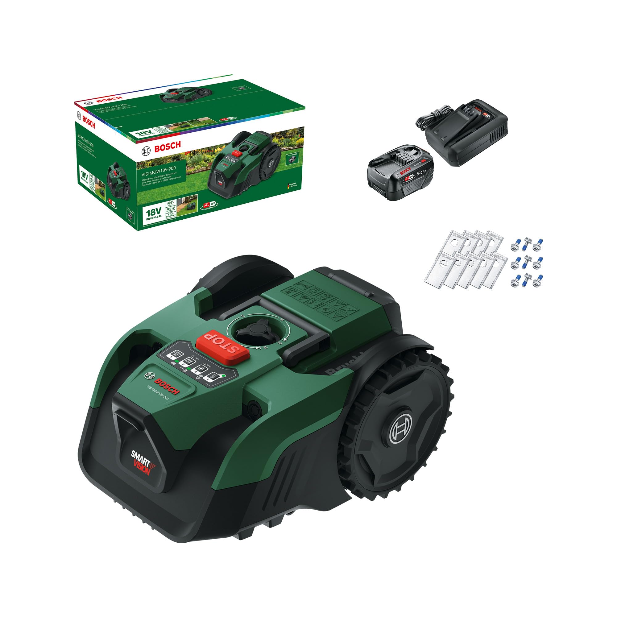 Bosch Akku-Mähroboter VISIMOW18V-200 (für Rasenflächen bis 200 m², Schnittbreite: 18 cm, Schnitthöhe: 20-60 mm, mit Ersatzmessern, inkl. Akku und Ladegerät)