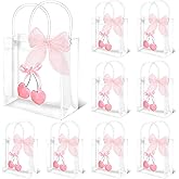 FYSUIMU 12 Pcs Pink Bow Cherry Clear PVC Gift Bags Coquette Bowknot Cherry Party Favor Bags with Handles Treat Tote Bag with Ribbon for Birthday Baby Shower Bachelorette