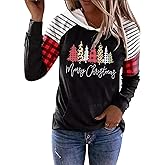 Merry Christmas Hoodies Women Xmas Buffalo Plaid Trees Blouse Tops Splicing Long Sleeve Holiday Sweatshirt