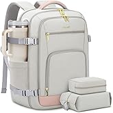 LOVEVOOK Travel Backpack For Women, 40L Carry On Backpack Flight Approved, TSA Personal Item Travel Bag Fits 17 Inch Laptop, Business Weekender Overnight Waterproof Daypack With 2 Cubes, Grey-Pink