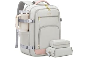 LOVEVOOK Travel Backpack For Women, 40L Carry On Backpack Flight Approved, TSA Personal Item Travel Bag Fits 17 Inch Laptop, Business Weekender Overnight Waterproof Daypack With 2 Cubes, Grey-Pink