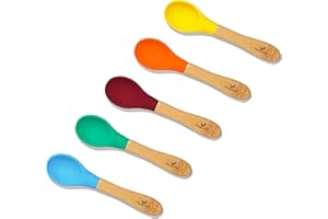 Avanchy Baby Spoons 5 Bamboo and Silicone Set, Self Feeding Food Utensils, 4 Months Baby Led Weaning, 5 Pack W/Blue