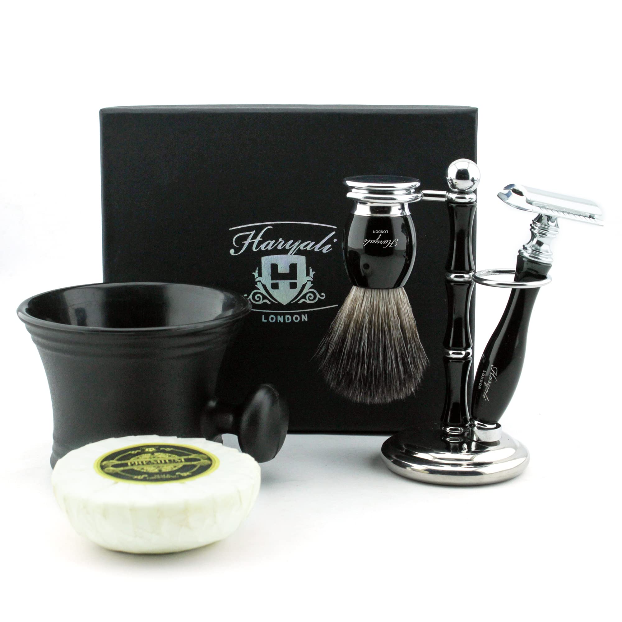 Haryali London 5 Pcs Wet Shave Kit – Complete Shaving Set with Double Edge Safety Razor, Shaving Soap, Shaving Brush, Mug & Stand – Traditional Shaving Set for Men