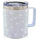 XMYAINA 12oz Bling Travel Coffee Mug with Handle and Lid Rhinestone Insulated Coffee Mug Stainless Steel Vacuum Reusable Glitter Coffee Tumbler Thermal Cup for Home and Office (Pearl)