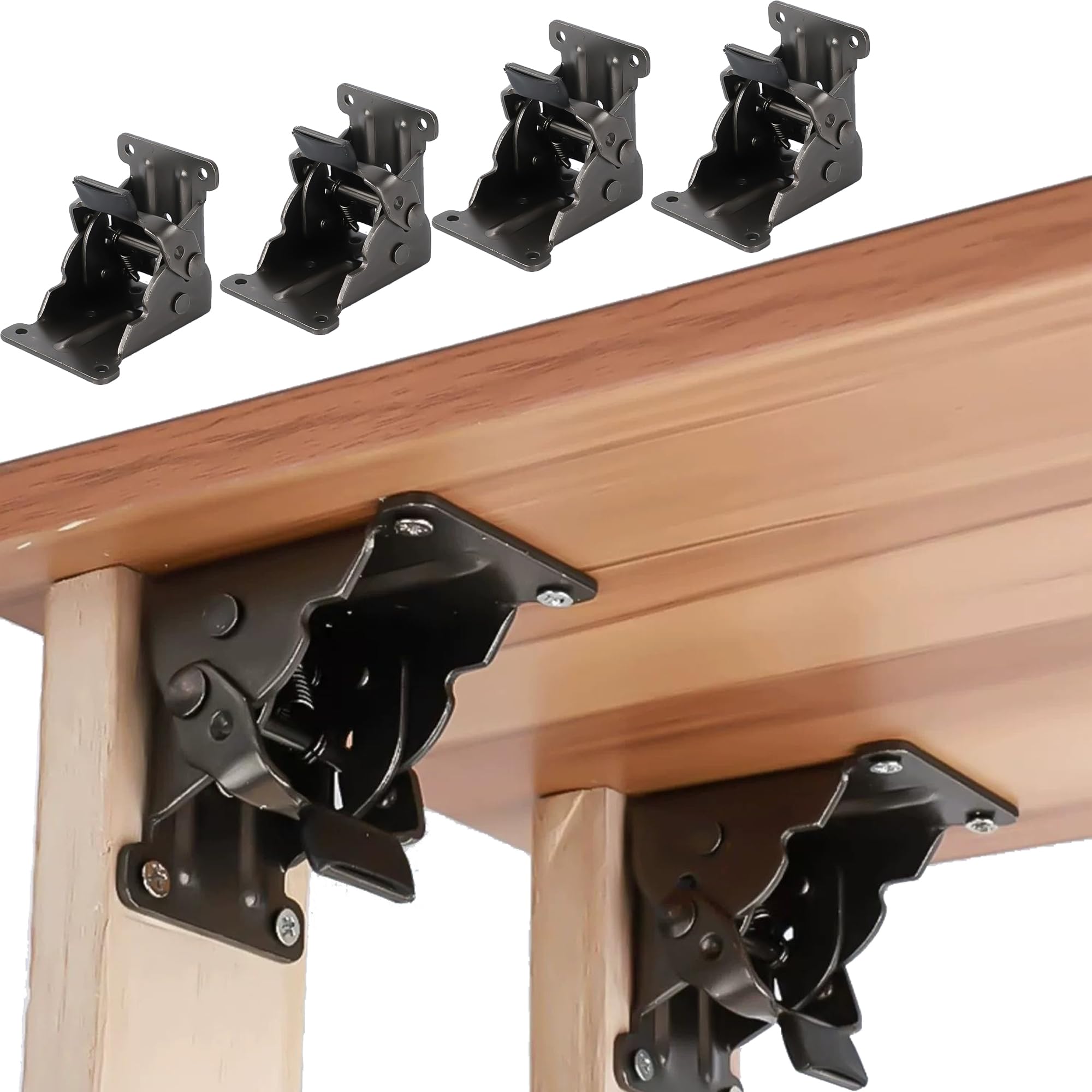 DXIA 4 Pack Folding Lock Extension Table Bed Leg Feet Support, Shelf Bracket, Self-Locking Hinge Table Leg Fittings and Gussets, for Folding Workbench Desktop Expansion