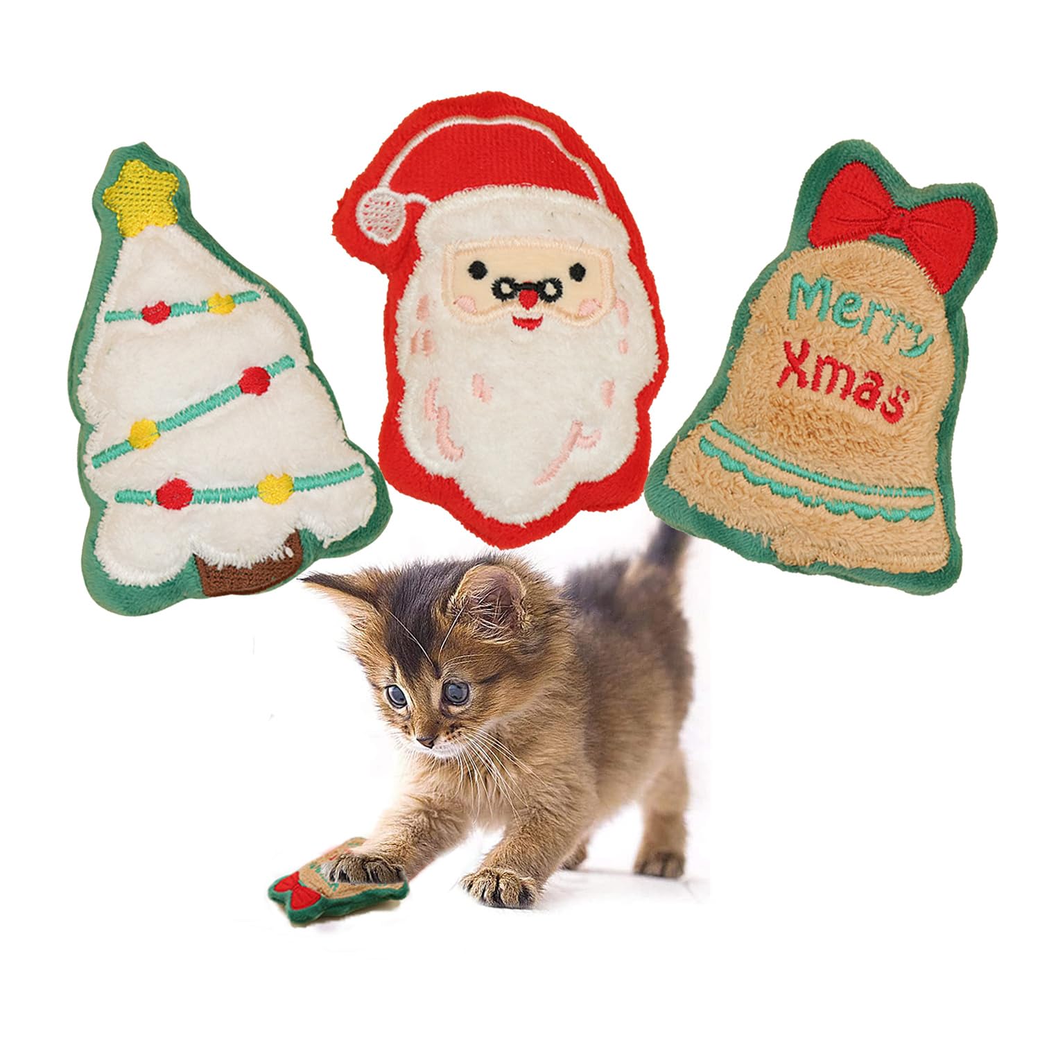 Petiry 3-Pack Christmas Catnip Toys for Cats - Catnip-Filled Cat Toys, Jingle Bells Plush, Xmas Tree Plush, and Snowman Chew Toys for Cats,Kittens, Puppies, Festive Treat