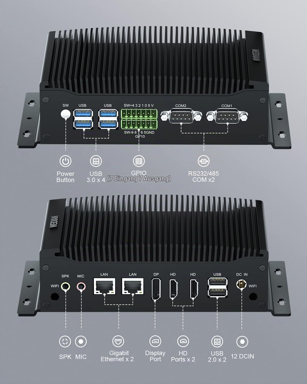 WEIDIAN Lüfterloser Mini PC, Industrie PC Core i7-10510U, Industrial Fanless Computer, 2HD+DP Triple Display, 2RS232 COM, 2RJ45 LAN, 6USB, GPIO, WiFi, BT, Win11/Linux/Ubuntu(16GB RAM 512GB SSD) 3