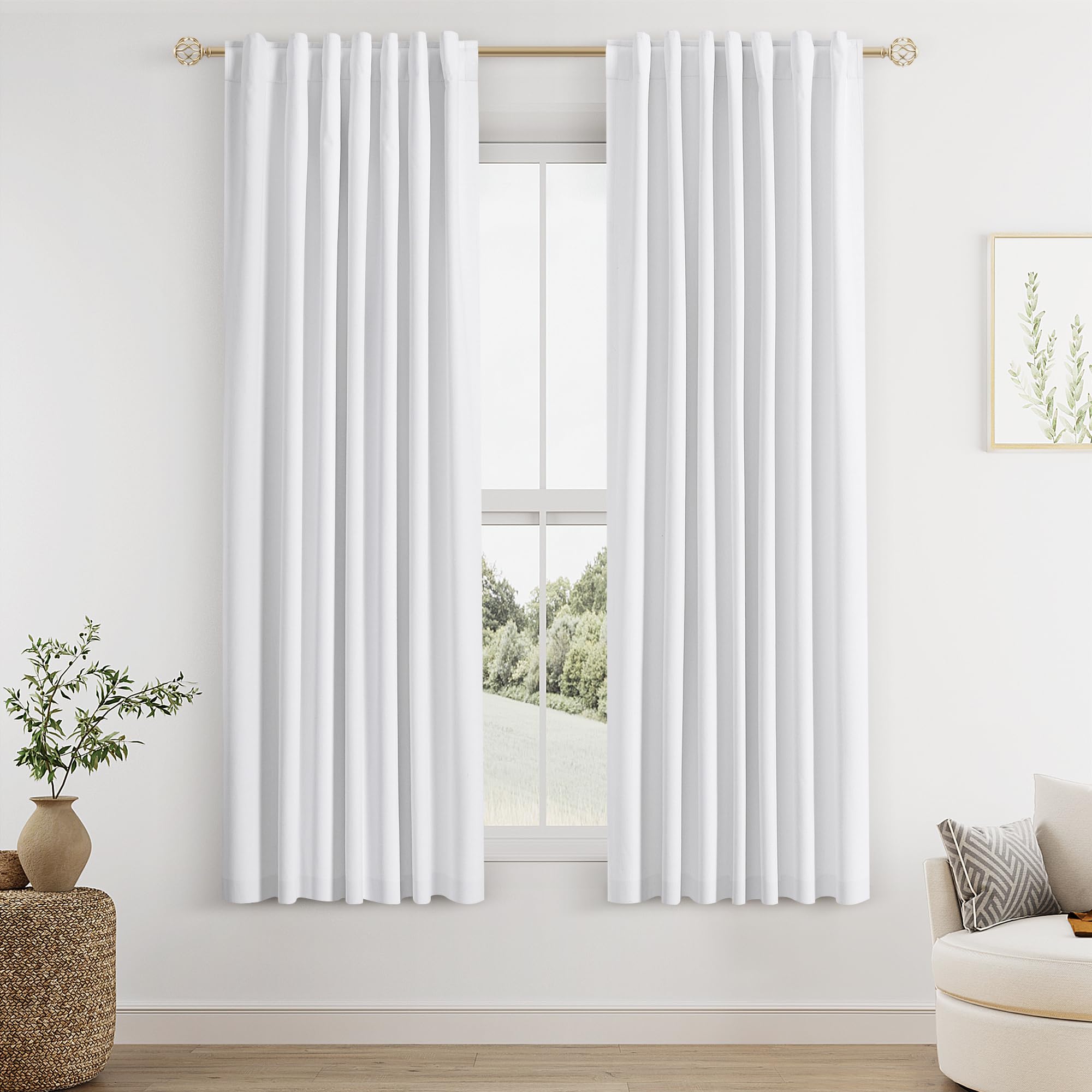 Photo 1 of Guken White Linen Blackout Curtains 63 Inch Length 2 Panels Set for Living Room Bedroom Back Tab Thermal Insulated 100% Black Out Linen Drapes Room Darkening Window Curtains Pure White