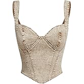 OYOANGLE Women's Denim Sleeveless Crop Tops V Neck Asymmetrical Hem Fitted Jean Corset Bustier Streetwear