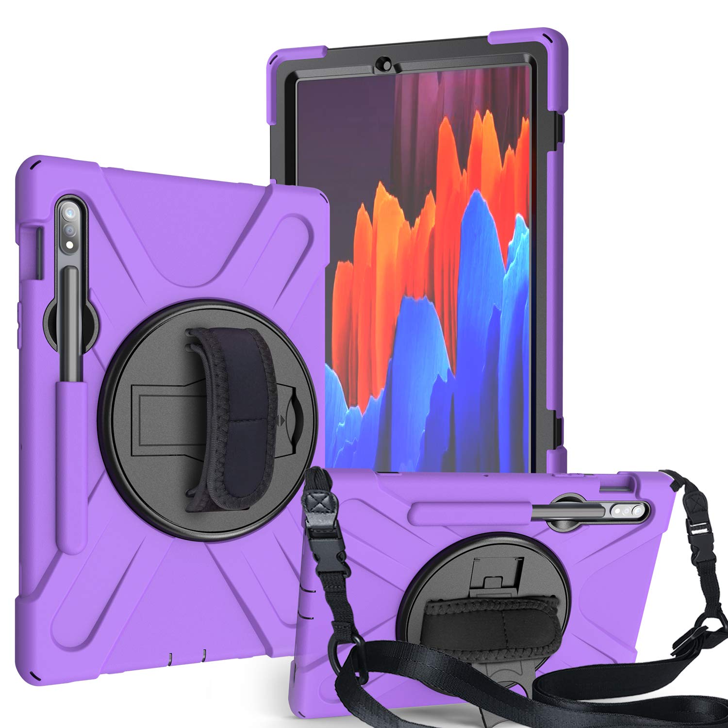 YGoal Case For Galaxy Tab S7 Plus, [Hand Strap] [Shoulder Strap] Heavy Duty Full-Body Rugged Protective Drop Proof Case with 360 Rotating Stand for Samsung Galaxy Tab S7 Plus T970 12.4 Inch (Purple)