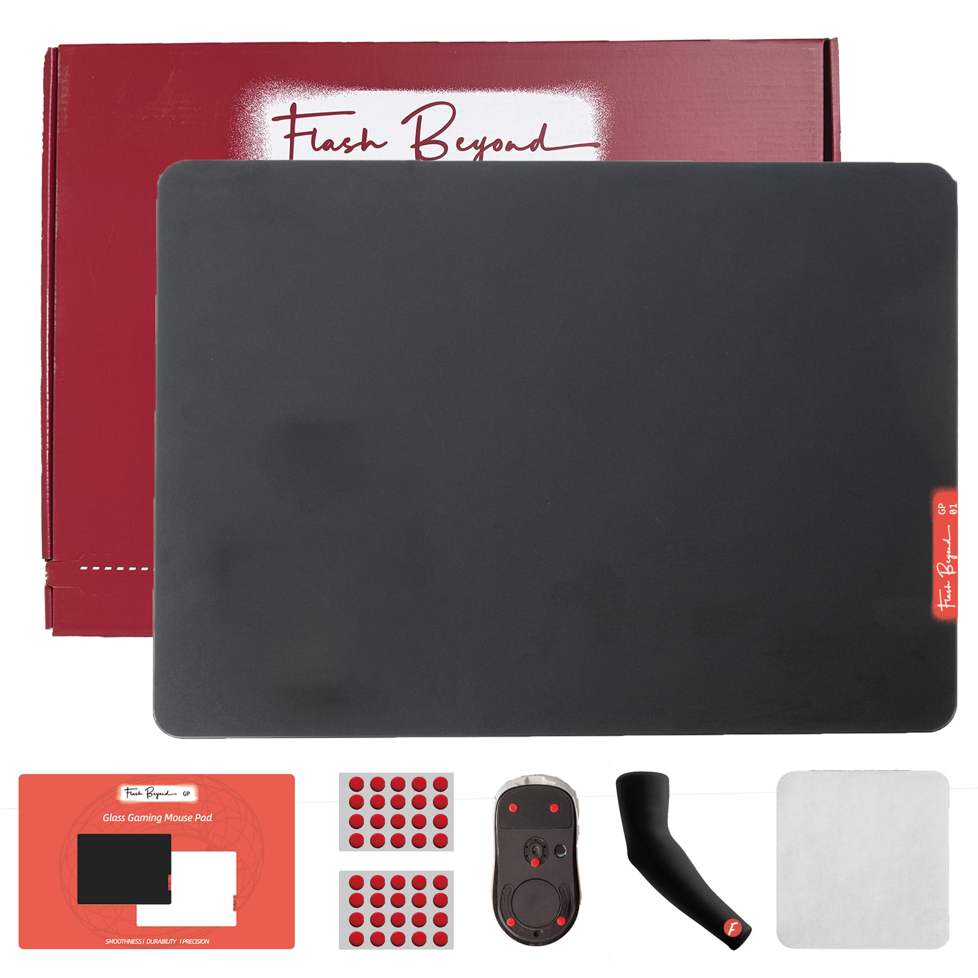 Photo 1 of Flash Beyond Glass Gaming Mouse Pad | Ultra-Smooth Precision Surface with Non-Slip Base | Includes Cooling Wrist Sleeve & Extra Skated | Black, 15.7” × 11.8”