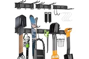 MHHO-WG Heavy Duty Wall Mounted Tool Storage Organizer 48 Inch Garage Garden Wall Rack with 9 Utility Steel Hooks for Organiz