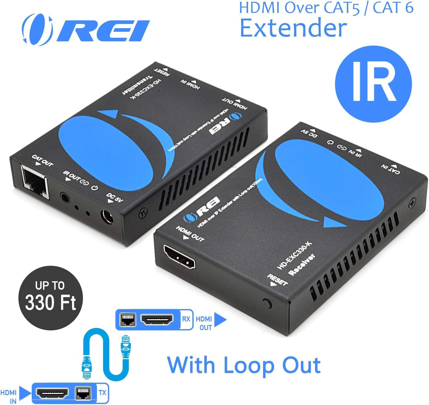 OREI HDBaseT HDMI Extender over Cat5e/6 Ethernet LAN cable - Up to 500 Feet - IR, HDMI Loop-out, RS-232, PoC, HDMI Balun (EX-500IR): Electronics
