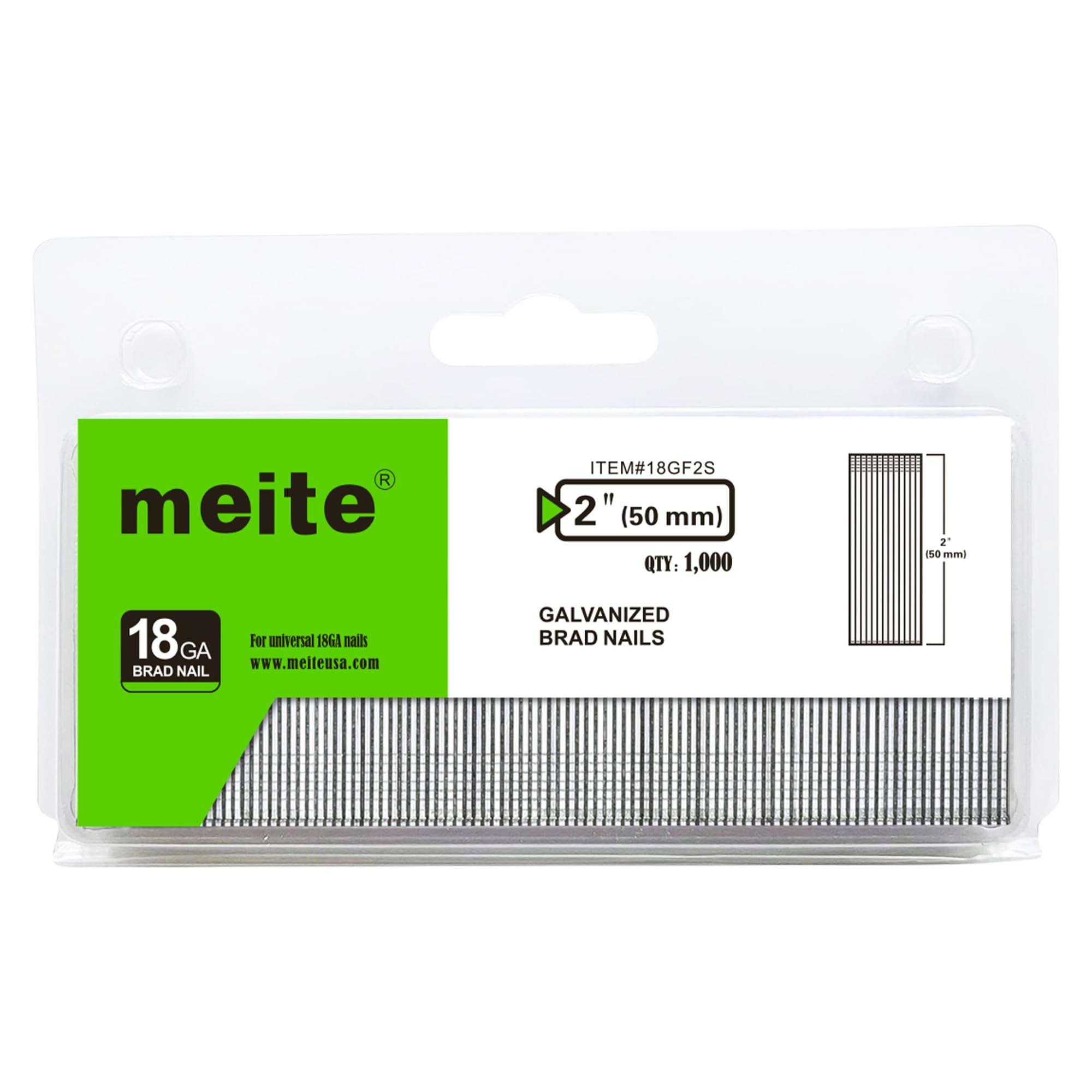 meite 18 Gauge Brad Nails, 50 mm Type 18G Brad Nails Galvanized Small Finishing Nail Gun Nails for Pneumatic, Electric Brad Nailer Gun (1,000 Counts)
