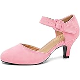 LIURUIJIA Women's Ankle Strap Kitten Heels Closed Toe Low Heel Pumps Shoes for Women Dressy Casual Vintage Bride Wedding Party Pink 8