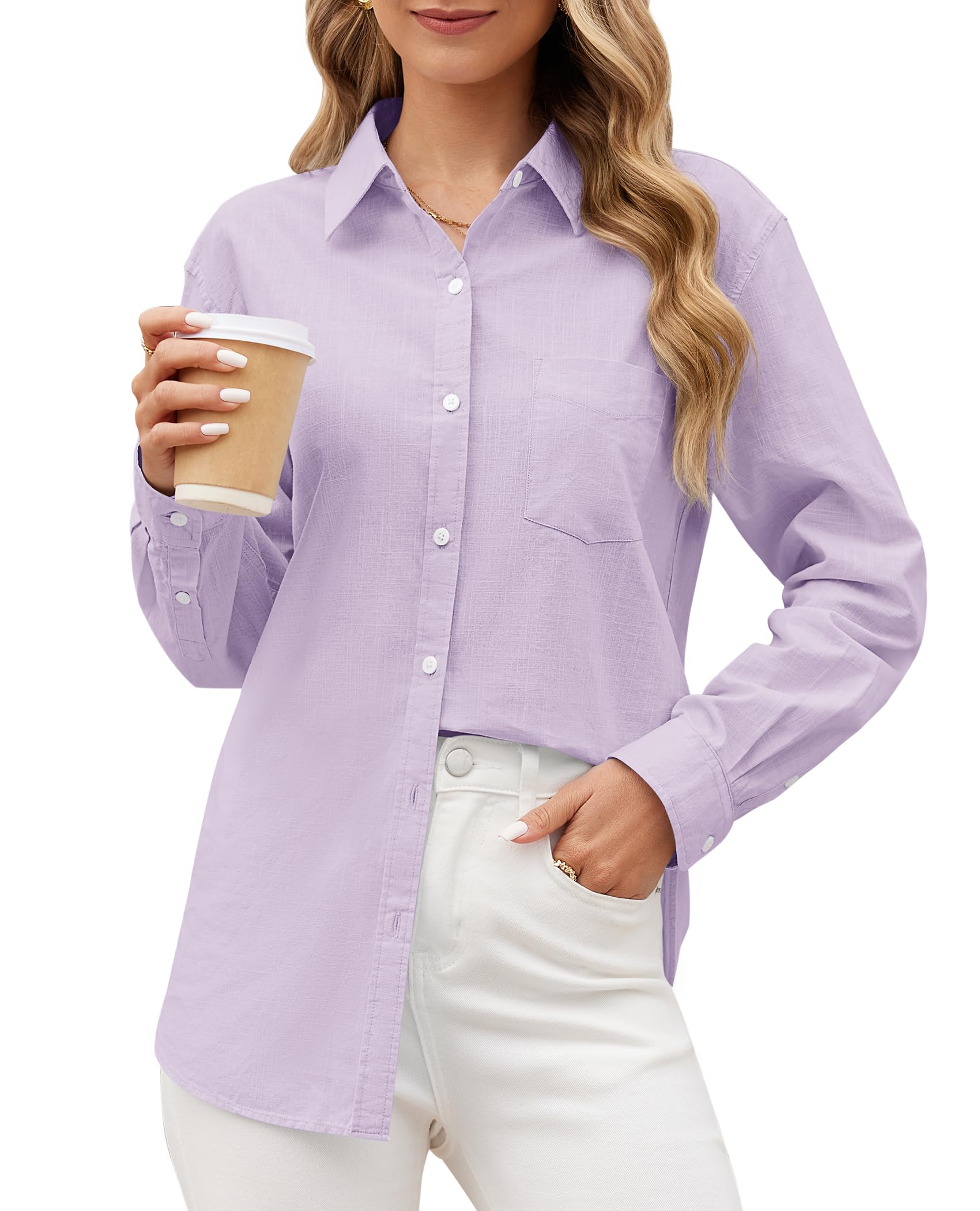 Photo 1 of ** UNKNOWN SIZE*** siliteelon Linen Shirts Button Down Shirts for Women Long Sleeve Summer Shirt Casual Beach Work Collared Cotton Linen Tops Lavender