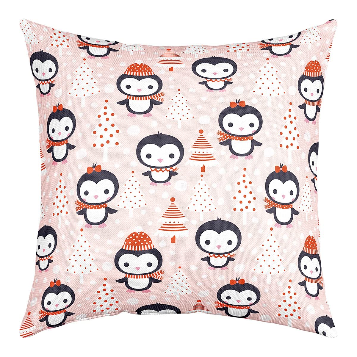 Kawaii Cartoon Penguin Throw Pillow Cover 20"x20" Merry Christmas Anstract Pine Xmas Tree Accent Pillow Cover for Kids Boys Girls Cute Wild Animal Pillowcase for Office Home Decor,Single Pack