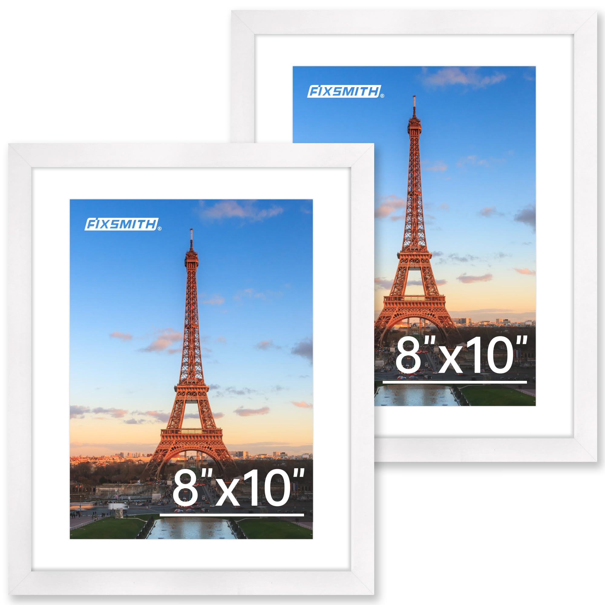 Photo 1 of FIXSMITH 8x10 Picture Frame Set of 2, Photo Frame with HD Plexiglass, Display Pictures 5x7 with Mat or 8x10 Without Mat, White Picture Frames Collage for Tabletop or Wall Display