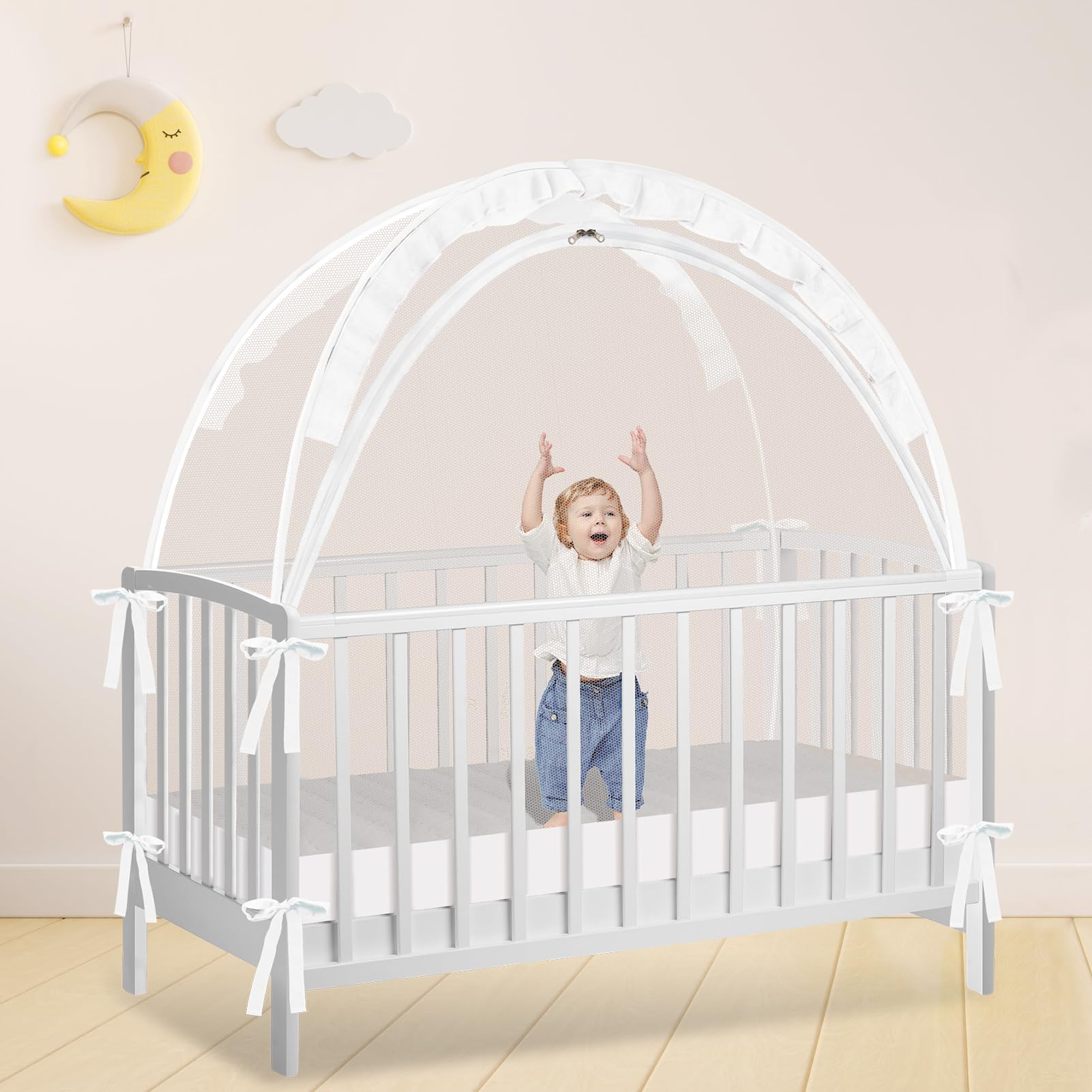 Crib Tent - Crib Net to Keep Baby in, Stop Baby from Climbing Out of Crib, Pop Up Crib Tent with Durable Breathable Net Double Zipper Strong Rods Installation Convenience