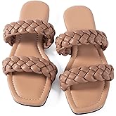Mtzyoa Women's Sandals Casual Braided Dressy Summer Square Toe Quilted Flat Sandals