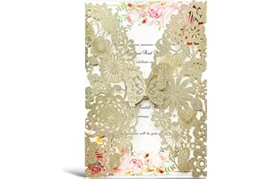 Hosmsua 5.12 x 7.3'' 50PCS Champagne Laser Cut Flora Wedding Invitation Cards with Butterfly and Envelopes for Quinceañera Bridal Shower Wedding Invite (Champagne Glitter) light gold
