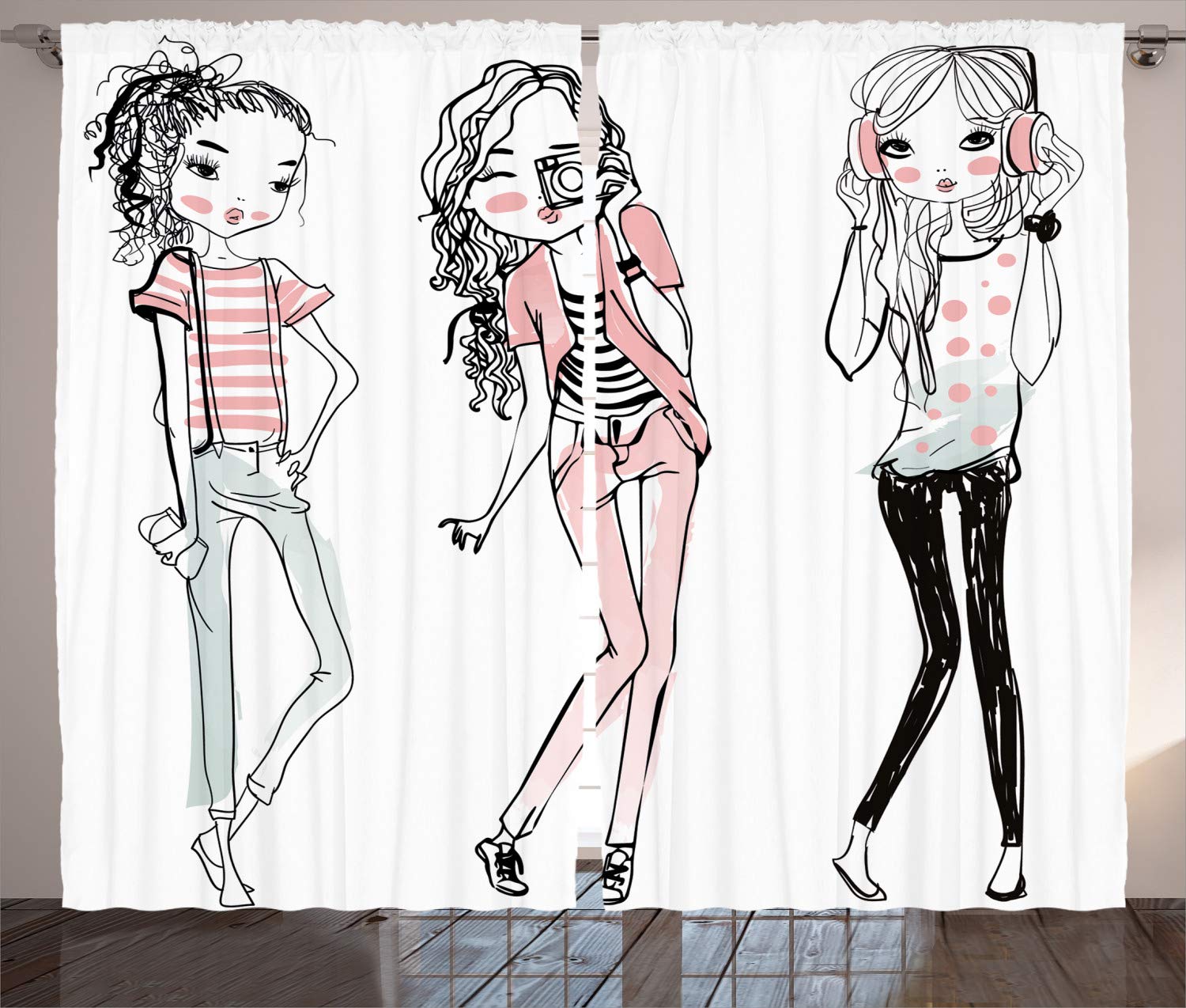 ABAKUHAUS Fashion Curtains, Sketch Cartoon Design Girls with Makeup Clothes Illustration Image, Living Room Bedroom Window Drapes 2 Panel Set, 280 x 175 cm, Pink Black