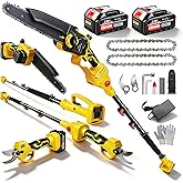 4-in-1 Cordless Electric Pole Saw & Pole Pruning Shear, 8 Inch Mini Chainsaw & Electric Pruning Shears with Brushless Motor, 16ft Reach Pole, 2×21V 4.0Ah Batteries for Tree Trimming & Wood Cutting