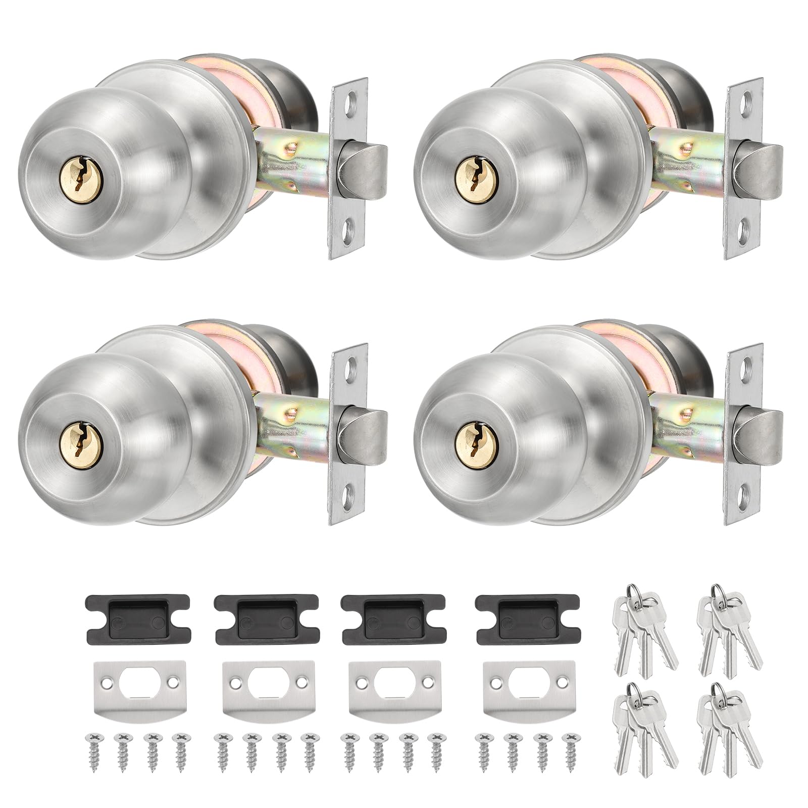 PATIKIL Round Key Entry Door Knobs Interior, 4 Pack Round Stainless Steel Bedroom Bathroom Door Knob with Lock Entry Indoor Outdoor Door, Silver