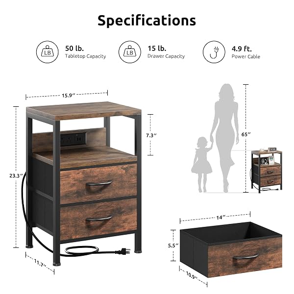 LAZZANTO NIGHTSTAND BEDSIDE CHARGING TABLE BEDROOM – BROWN NIGHT STAND WITH CHARGER STATION, MODERN BED SIDE END TABLE WITH OPEN SHELF & 2 FABRIC DRAWERS, USB-C PORT FOR DORM, LIVING ROOM