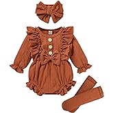GRNSHTS Newborn Baby Girl Clothes Ruffle Solid Sweater Long Sleeve Romper+Hairband+Socks 3Pcs Fall Winter Outfits