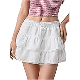 Floerns Women's Elastic Waist Layered Ruffle Mini Skort Lace Trim Cute A Line Skirt