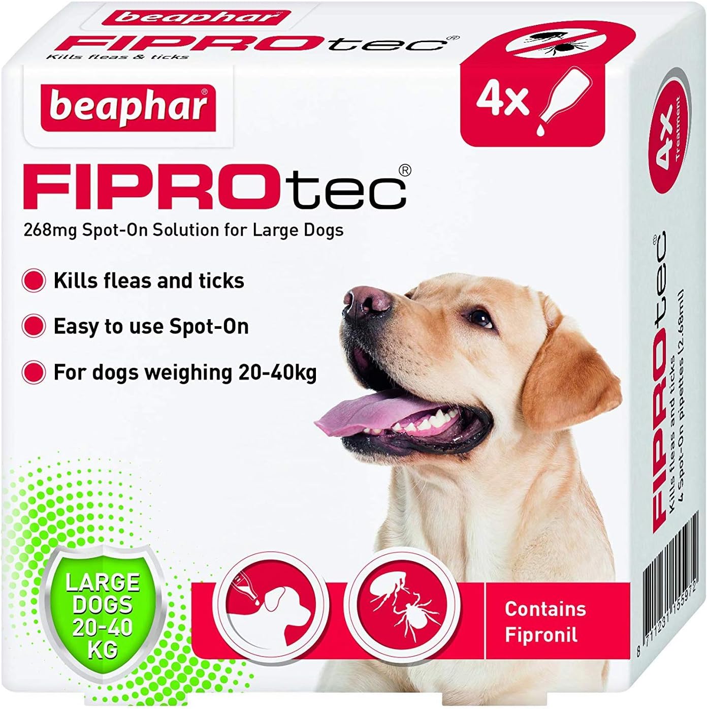 Beaphar, FIPROtec Spot-On Flea & Tick Treatment for Large Dogs 20-40kg, 4 Pipettes, Kills Fleas & Ticks, Veterinary Medicine