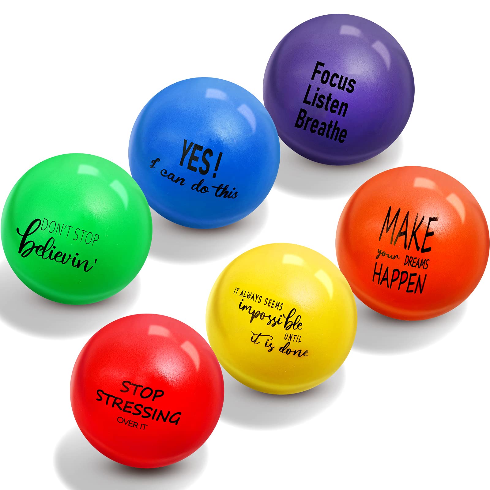 Photo 1 of Skylety 2.5Inch Inspirational Stress Balls for Adult Stress Relief Balls with Positive Quotes Hand Exercise Ball to Relieve Anxiety(Red, Orange, Yellow, Green, Blue, Purple,Bright Style)