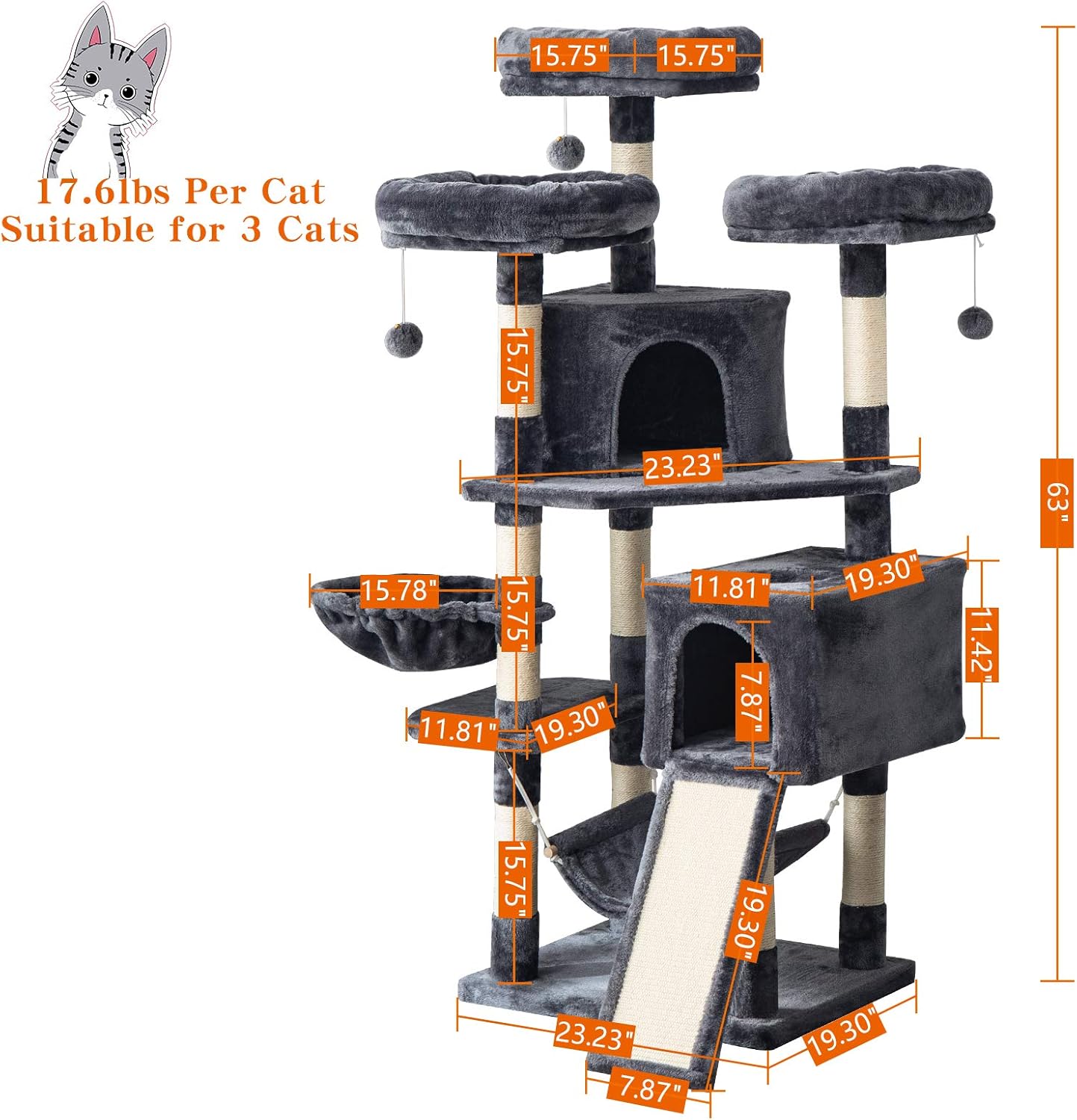 IBUYKE 63 inches Multi-Level Cat Tree Tower for Large Cats Play Furniture Cat Condo with Sisal Scratching Posts&Board, Platforms, Hammock Basket, Dangling Balls, Smoke Gray UCT021G : Pet Supplies