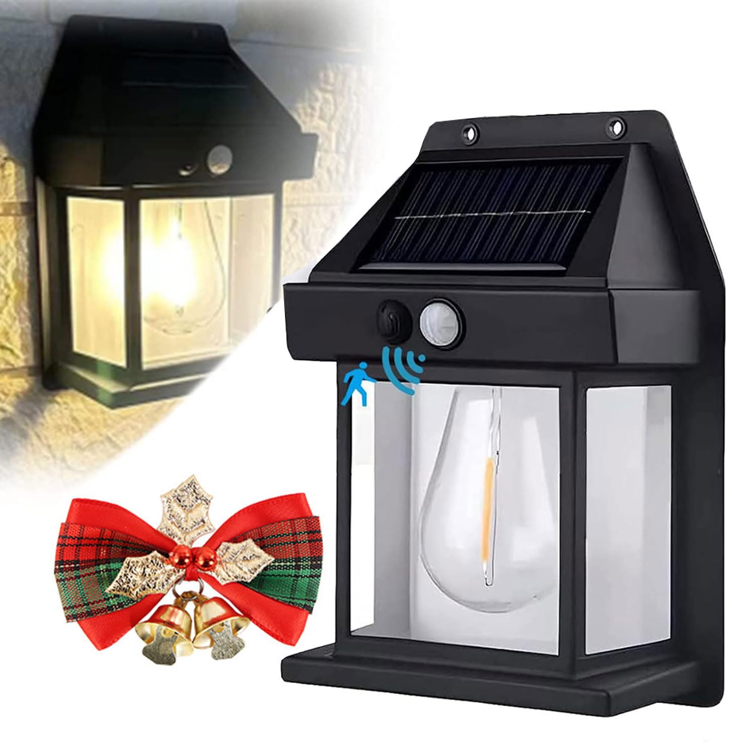 Rocky Green Solar Tungsten Wall Light, Solar Outdoor Wall Lights, Motion Sensor Solar Wall Sconce Waterproof Wall Lantern - LED Exterior Wall Lights for Outdoor Porch, Fence, Courtyard (1pcs Black)