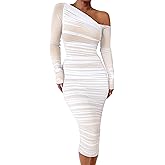 GOKATOSAU Women's Elegant Long Sleeve One Off Shoulder Mesh Full Ruched Bodycon Midi Dress