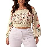 MakeMeChic Women's Plus Size Shirred Floral Cropped Blouse Off Shoulder Lantern Sleeve Boho Shirts Tops