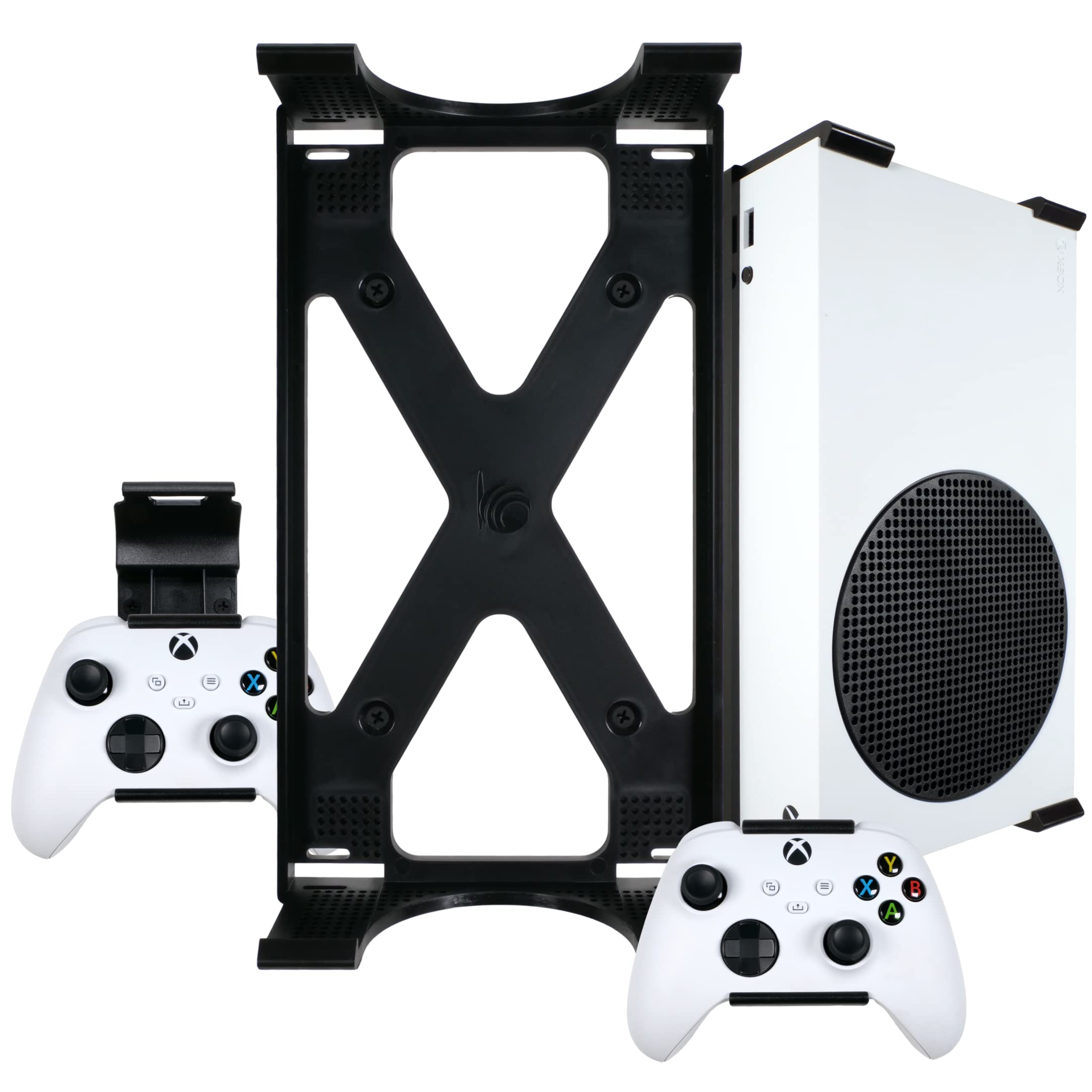 Q-View Xbox Series S Wall Mount & Controllers Wall Mount Bracket Set by Q-View - Secure Under Desk Mounting - Signature X Design - Screws and Fixings Included - Made In UK - Plastic - Black