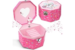 GINMLYDA Unicorn Musical Jewelry Box for Girls, Kids Music Box with Spinning Unicorn Kids Jewelry Organizer 5.7 x 5.7 x 3.3 in Birthday Gift for Little Girls Age 3 4 5 6 7 8 9 - Pink
