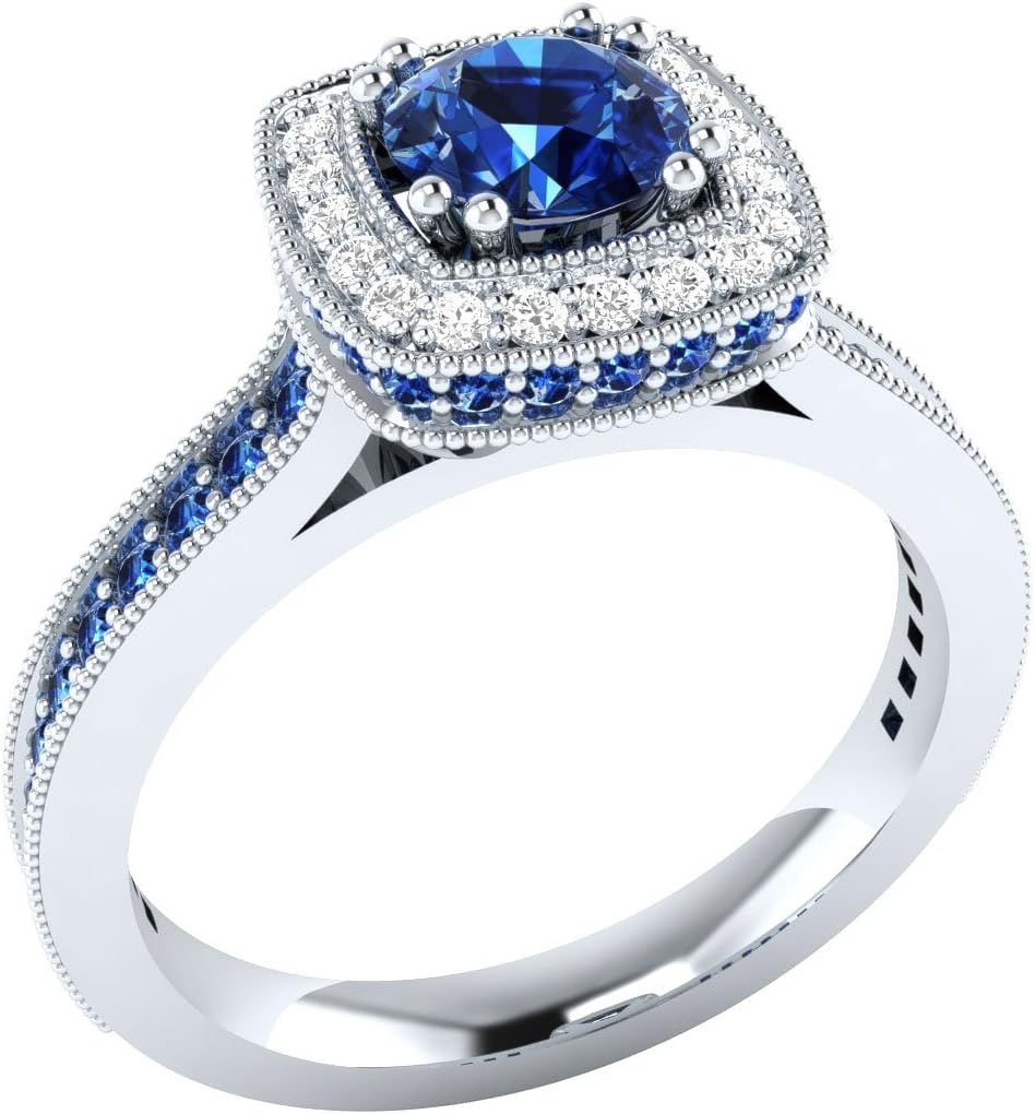 Solid 14k White Gold Wedding Engagement Ring W/ 0.10 ct Diamond and Simulated Blue Sapphire