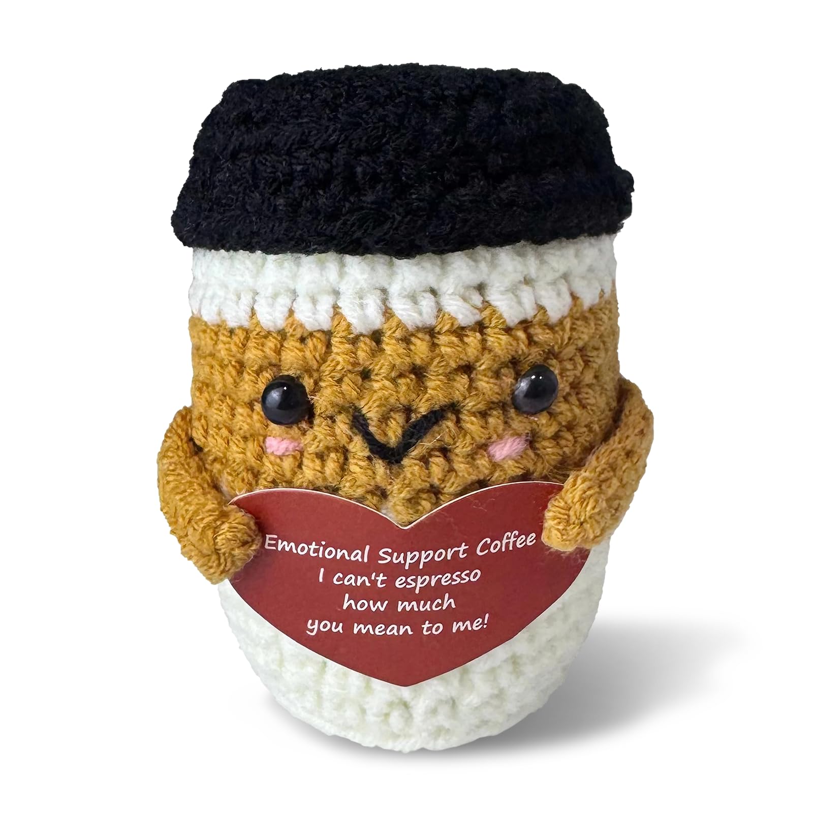 Qubitly Positive Crochet Coffee Mug, Handmade Positive Plush Doll, Soft Cotton Desk Decor, Emotional Support Gift, Encouragement Hugs Gifts for Coffee Lovers, Office, Home Decor
