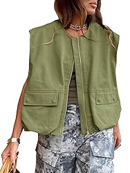 Tankaneo Womens Casual Zip Up Vest Cargo Oversized