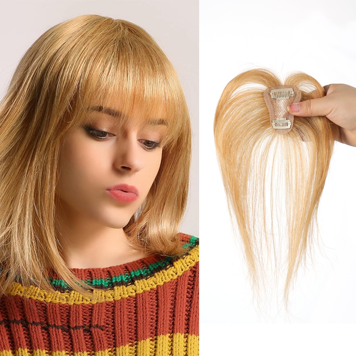 Clip in Bangs Bangs Hair Clip Fake Bangs Clip In Bangs Real Human Hair Hairpieces Blonde 360° Cover Clip on Bangs for Women Fringe with Temples Wispy Bangs Clip In Hair Extensions French Bangs — image 1