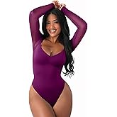 FeelinGirl Long Sleeve Bodysuit for Women Sexy Mesh V Neck Body Suits Thong Corset Top Going Out Outfits for Party