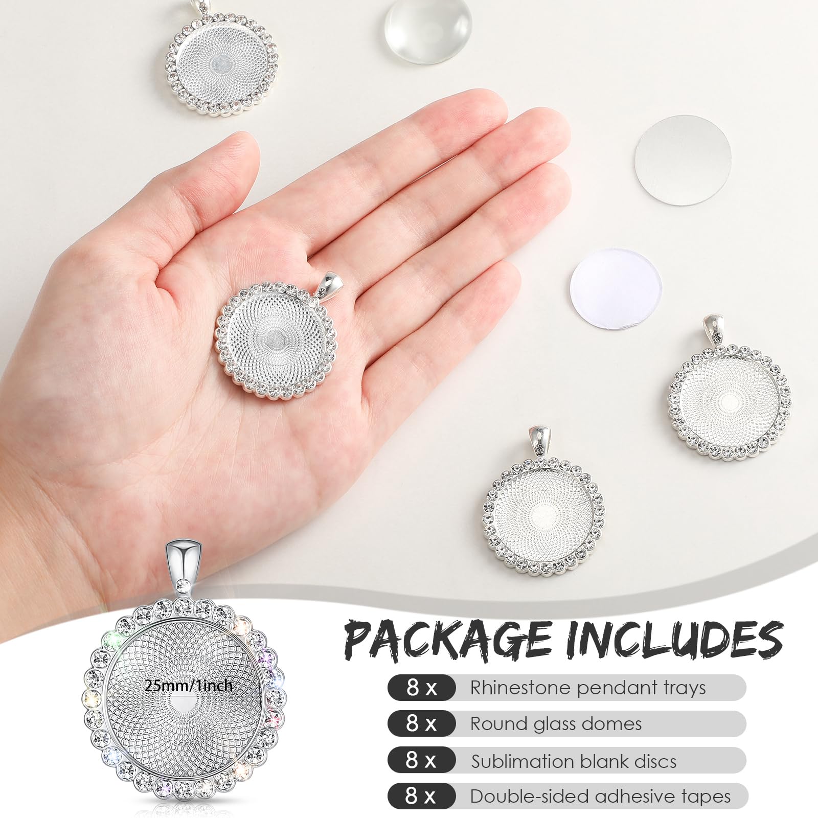 Hicarer 32 Pcs Sublimation Necklace Blank Round Rhinestone Bezel Pendant Trays Set with Glass Domes Sublimation Blank Discs Double Sided Adhesive Tape for DIY Wedding Birthday Graduation Jewelry Gifts