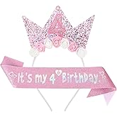 YARIEW 4th Birthday Decorations, 4th Birthday Headband and Glitter Sash Kit, Tiara Flower Princess Crown Headband for Party Favors Outfit