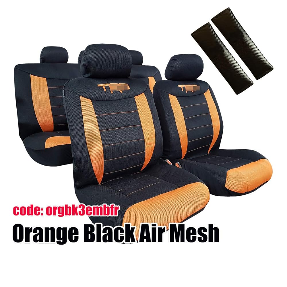 4. ITAILORMAKER Spacer Mesh Orange Red Fluro Green Black Embroidered Sports Seat Covers & Carbon Seat Belt Cover Shoulder Pads for Truck Tacoma 2000-2018