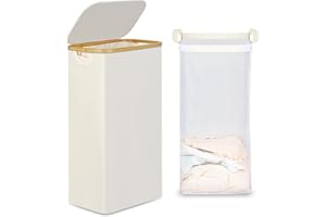 efluky Slim Laundry Basket with Lid, Narrow Laundry Hamper with Removable Bag, Skinny Dirty Clothes Basket with Bamboo Handles for Bathroom, Bedroom & Laundry Room, 75L Beige