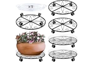 PLANTERHOMA 5 Pack Plant Caddy with Wheels Heavy Duty 16 Inch Large Metal Plant Stand with Wheels Plant Dolly Rolling Plant Stand Plant Roller with Casters for Indoor and Outdoor with 5 Pack Plant Saucers, Black